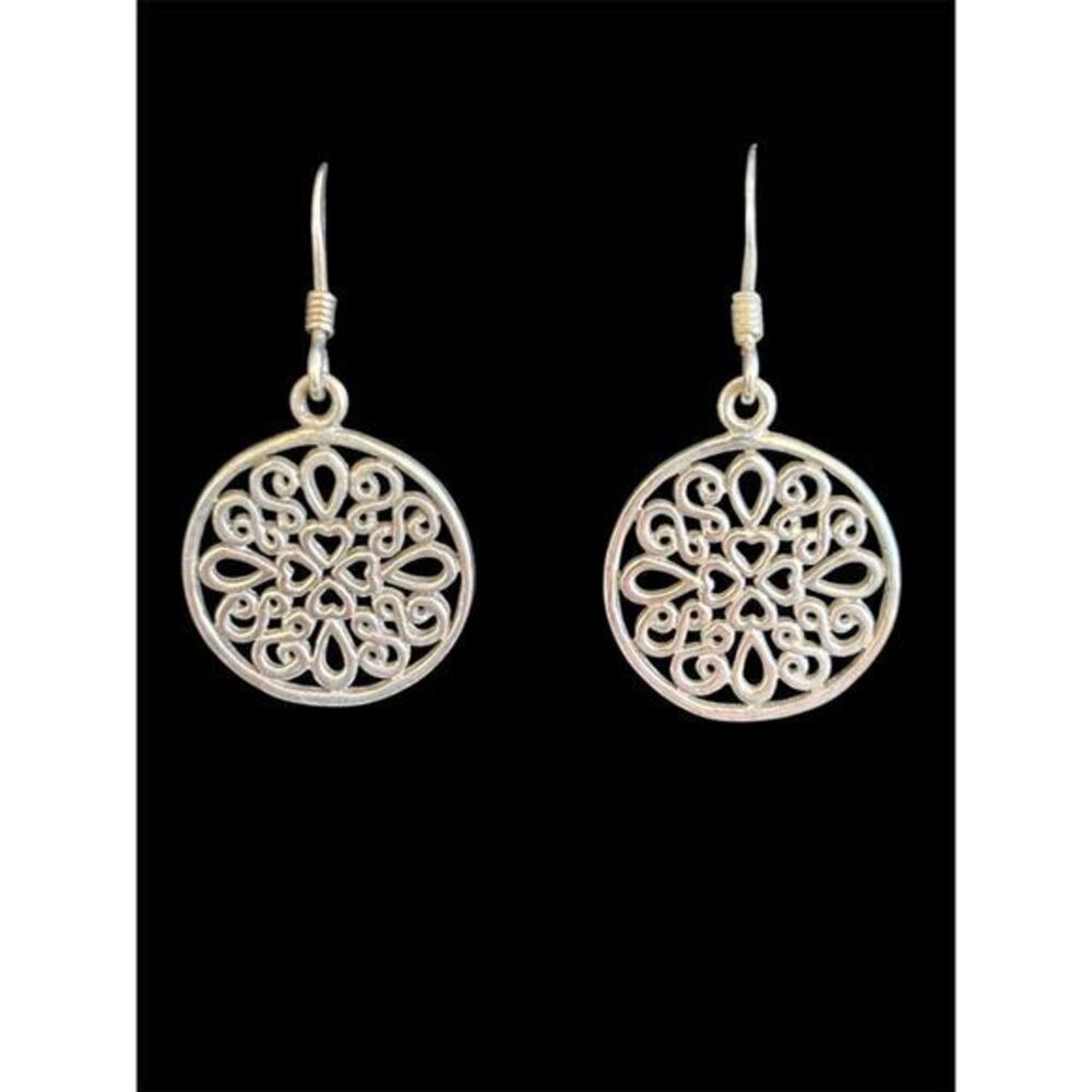 Sterling Silver Round Open Scroll Filigre Charm Dangle Earrings Boho 925